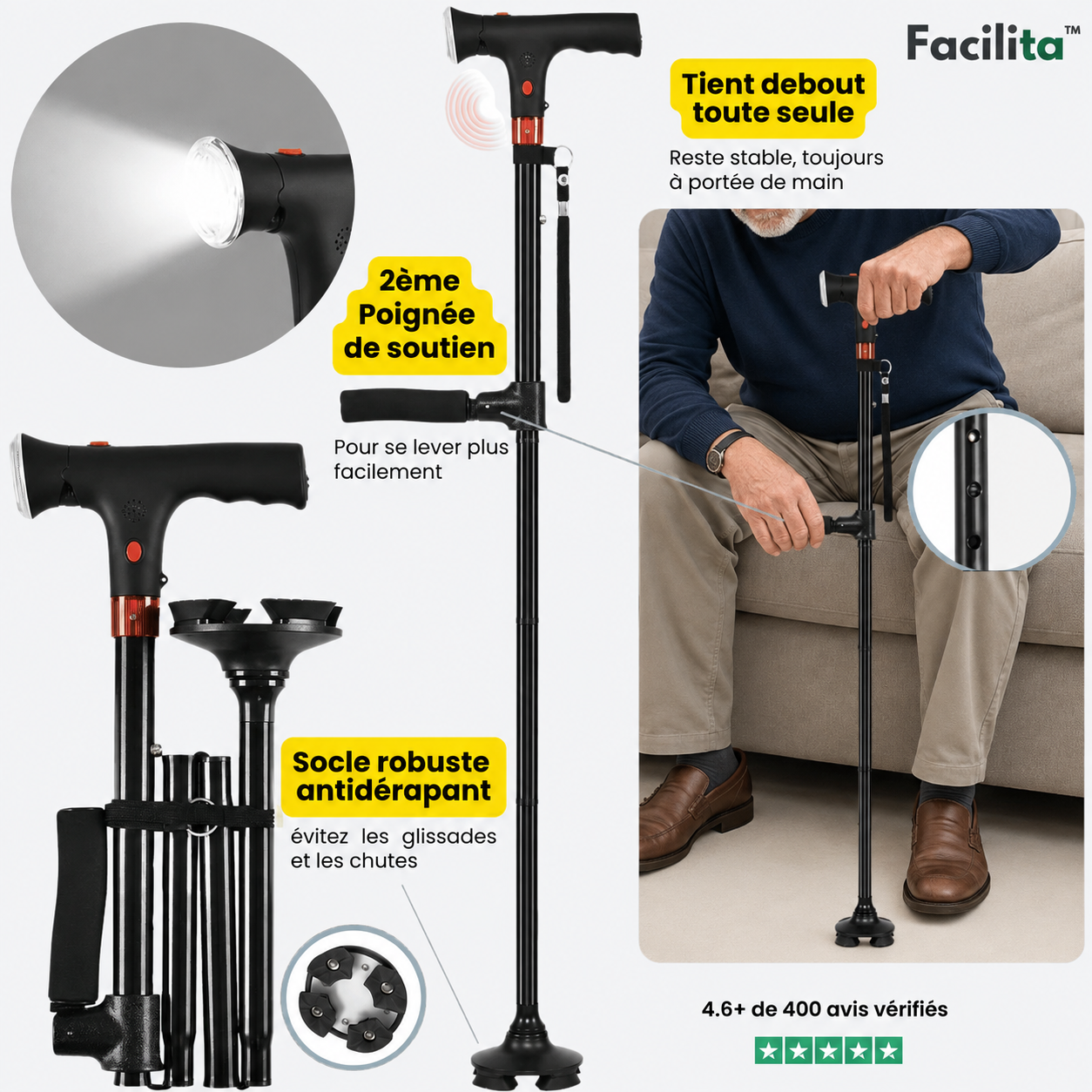 La canne Facilita™ qui vous aide à vous lever seul et à marcher sans peur de tomber